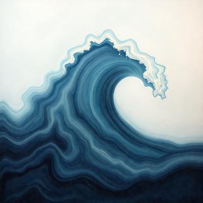 The primary subject of the image is a large wave in the ocean. The wave is depicted in a painting or drawing style, with a blue and white color scheme. The setting is the ocean, with the wave being the main focus of the scene. The visual style suggests a creative and artistic approach to the representation of the wave.